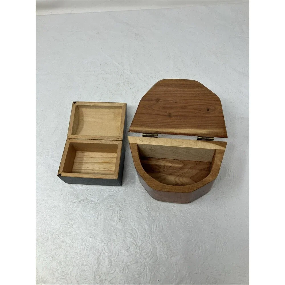 2 Wood Treasure Trinket Box Hinged Lid (Hand Painted Floral Black & Brown Cedar)